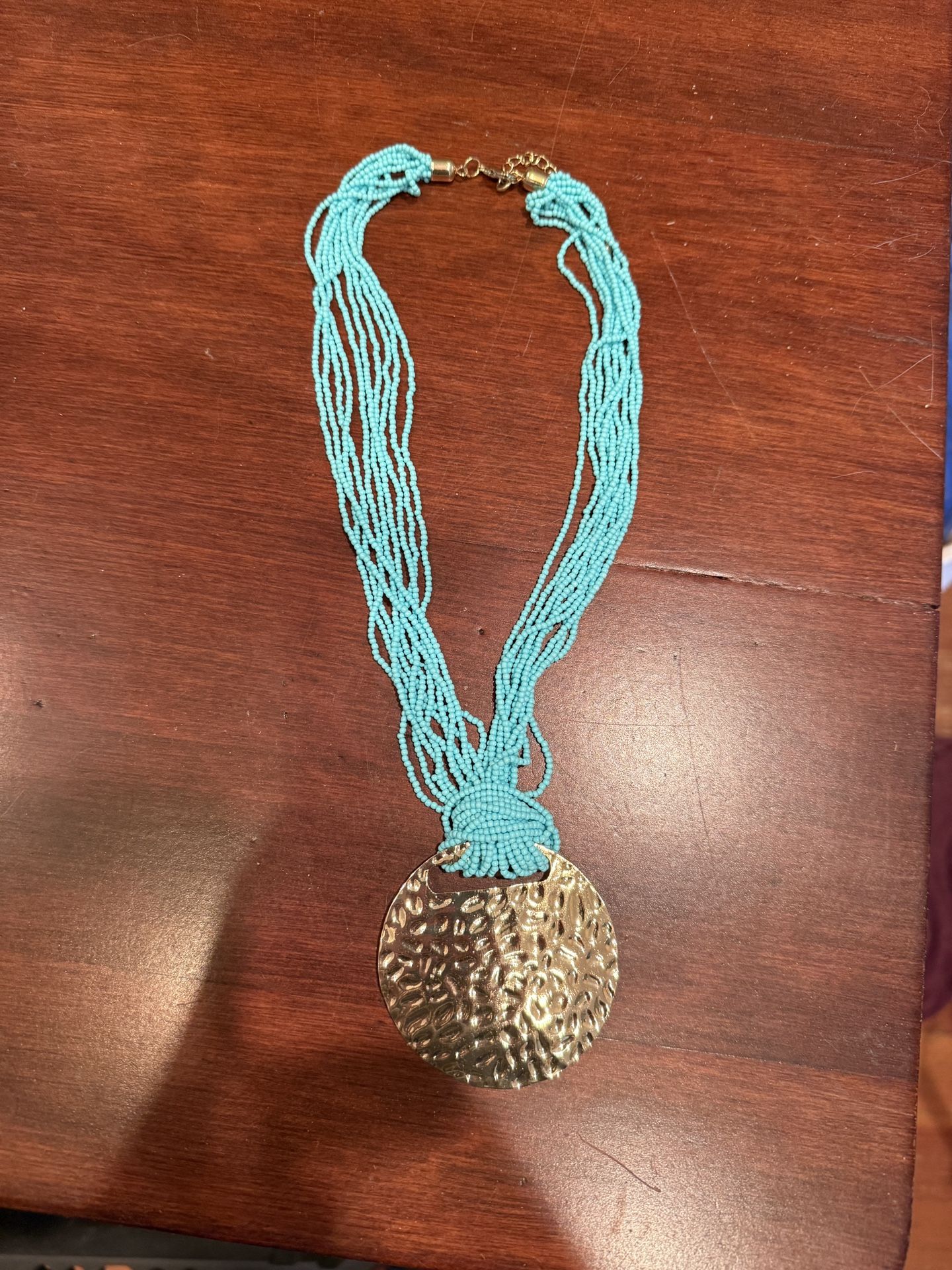 Gold Pendant Aqua Blue Beaded Necklace