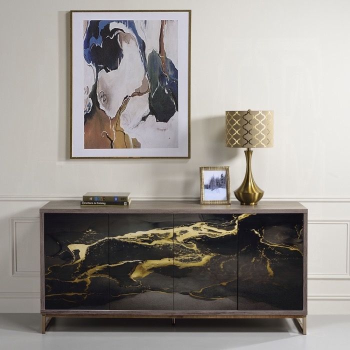 Black Finishes Faux Marbled Door Fronts Credenza Sideboard Storage Accent Cabinet Console