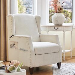 Brand New COLAMY Wingback Pushback Recliner Chair with Storage Pocket, Upholst-,ed Fabric Living Room Chair Armchair, Single Reclining Sofa with Wood 