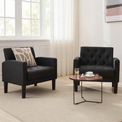 Set of 2 Accent Chair, Mid-Century Modern Leather Tufted Armchairs for Living Room and Office, Black