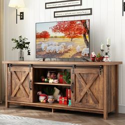 58" Farmhouse Sliding Barn Door TV Stand for TVs Up to 65" TVs, Entertainment Center Console Table with Adjustable Shelves