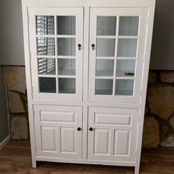 White Painted Hutch Teak Wood Glass Doors With Shelves Top And Bottom 