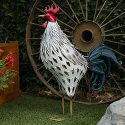 Metal White Feathered Rooster Decor Statuary Outdoor Patio Garden