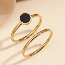2pcs Stainless Steel Fashionable And Simple Style Ladies Black Plate Various Shapes With Plain Ring Set, Suitable For Ladies To Wear Daily Or Give As 