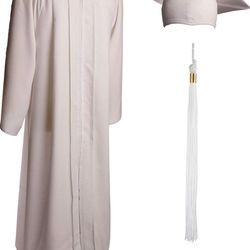 Adult Graduation matte white cap, gown and tassel set. 