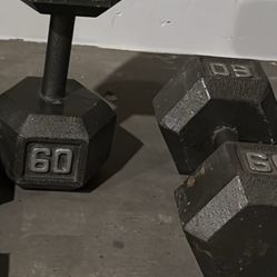 60 Pound Gray Cast Iron Solid Hexagon Dumbbells