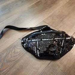 Justice Sport Black Sequin Fanny Pack Adjustable Straps Buckle Belt Bag,  Clean.