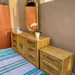 Dresser mirror nightstand bedroom set faux bamboo vintage mcm mid century modern tiki tropical retro