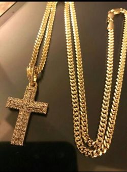 Thin Gold Plated Cuban Necklace With Swarovski Crystal Cross