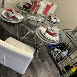 Dining Table, 4 Chairs & Bar Cart