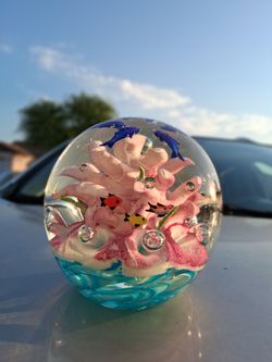 Murano Glass Aquarium Ball w/ Dolphins & Fish Paperweight
