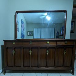 Vintage Solid Wood Dresser With Large Mirror