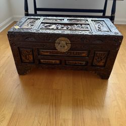 Antique Hand-Carved Wooden Chest with Brass Clasp