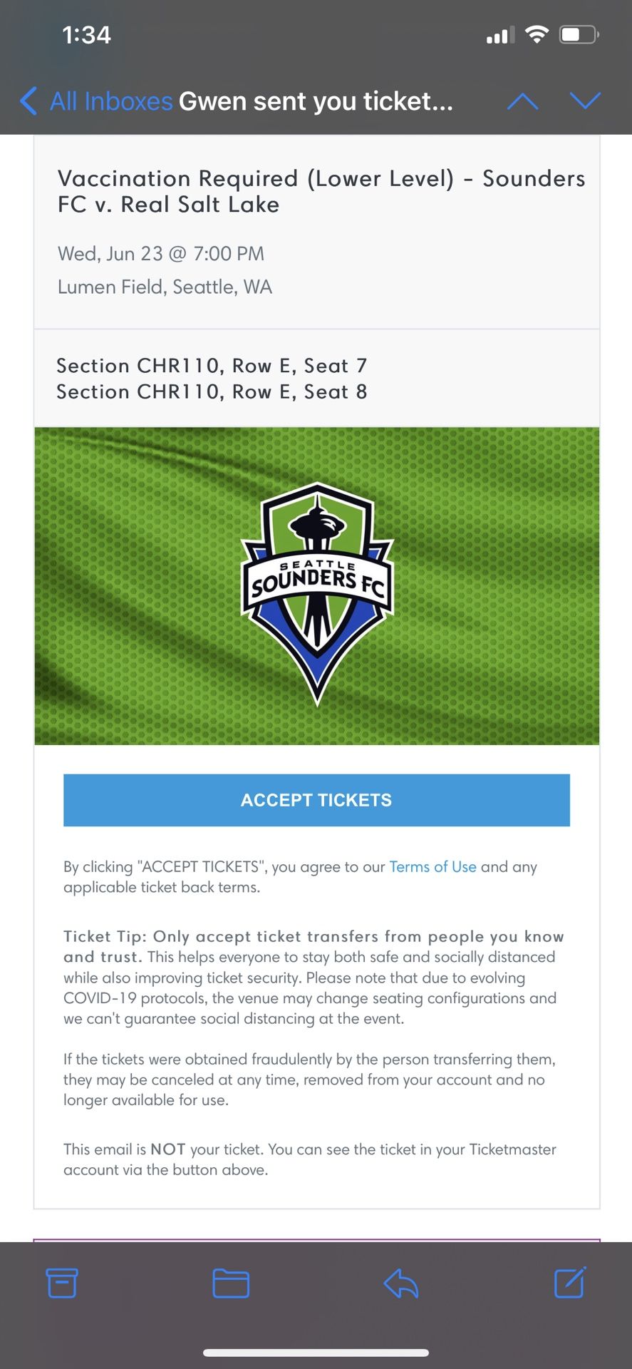 2 Sounders Tickets For Wednesday 6/23 
