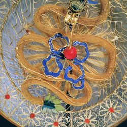 Chinese gold tone filigree enamel dragon plate with stand