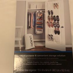 Closet organization 5 piece set *24 pocket shoe organizer a *laundry bag *2 collapsible storage closet been in *5 shelf closet organizer