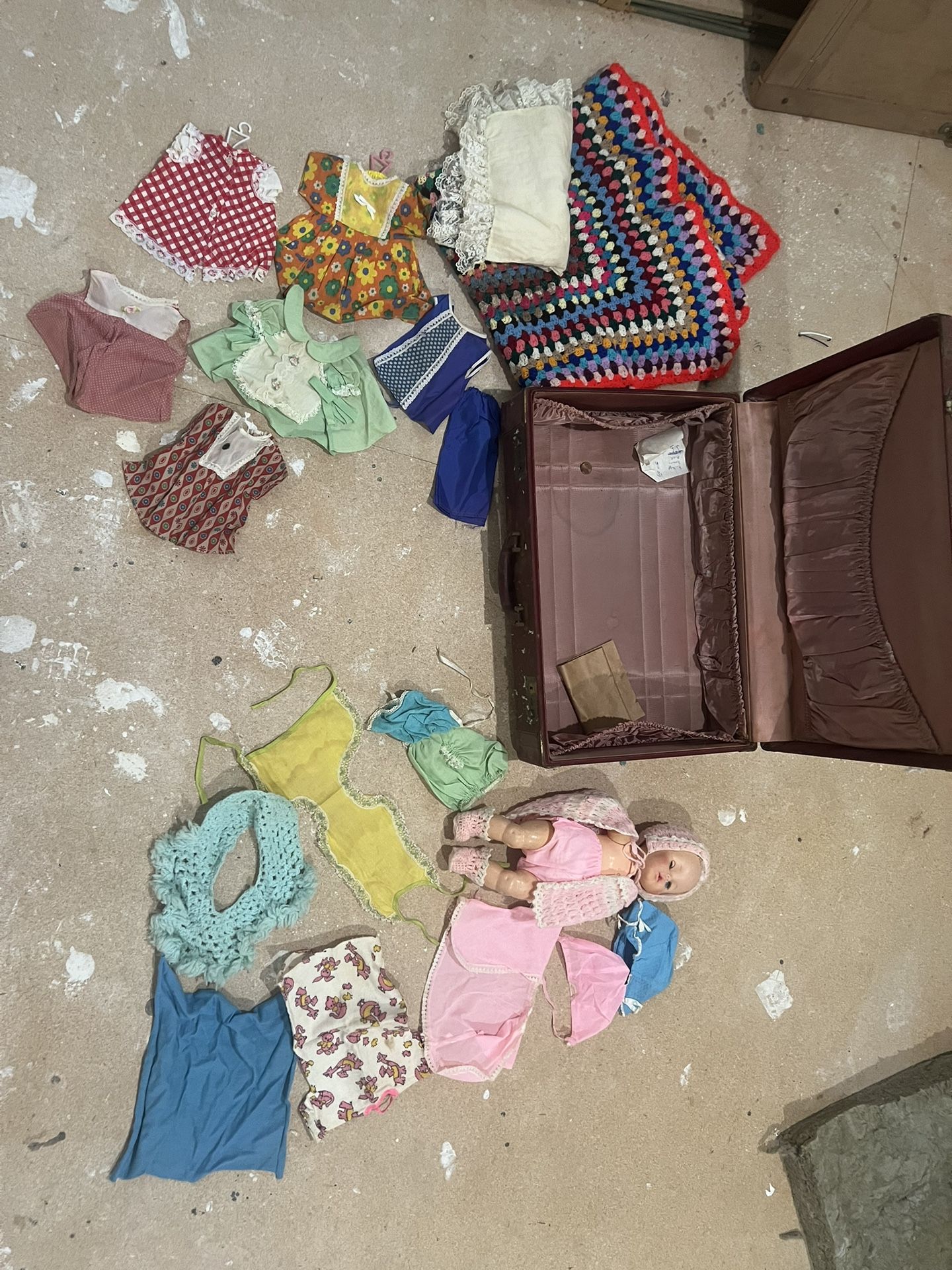Vintage Horseman Doll, Clothes, Satin Suitcase & Decorative Crib Set