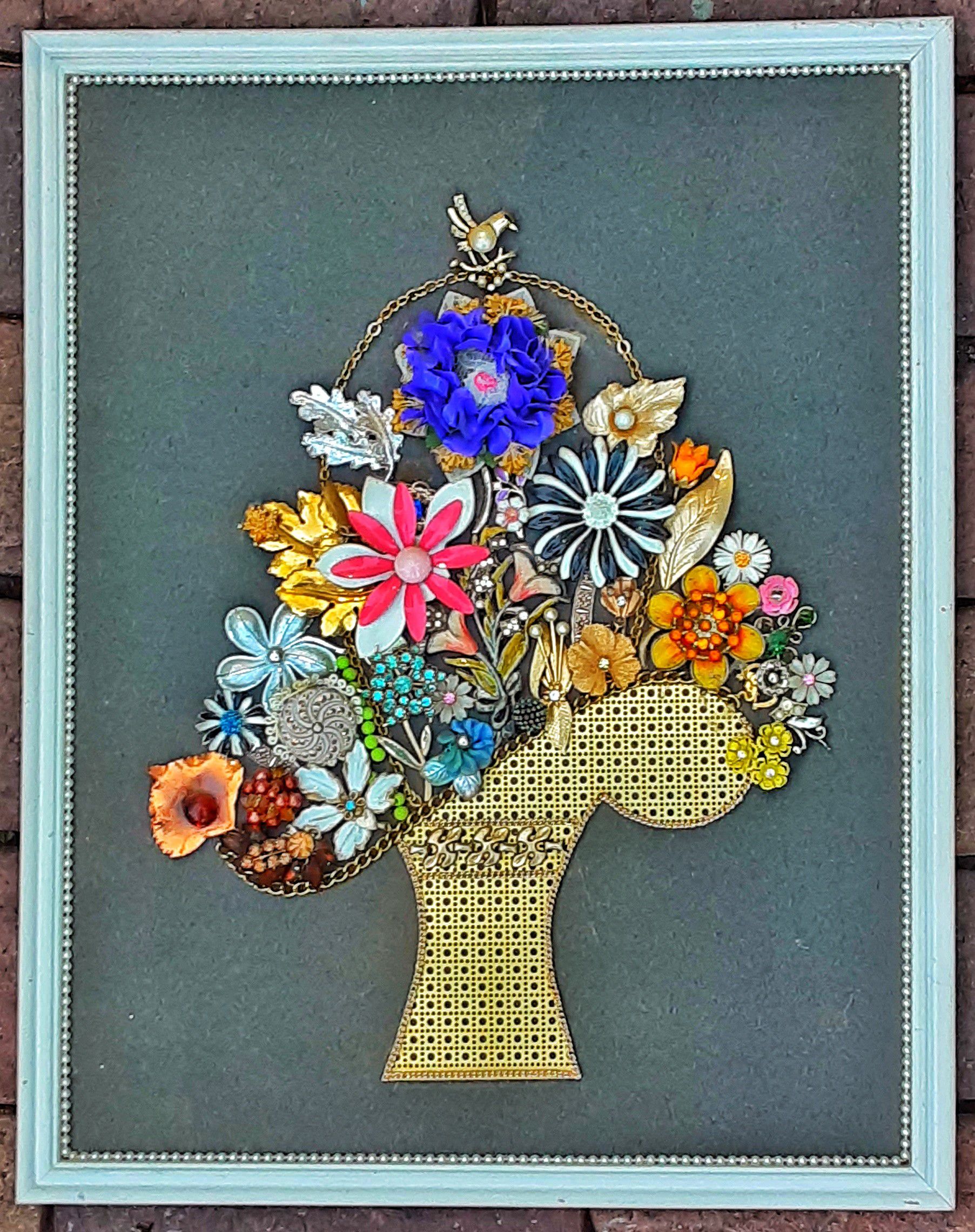 Vintage folk art jewelry picture of flower basket from repurposed jewelry ca. 1982 ! Jewelry art !