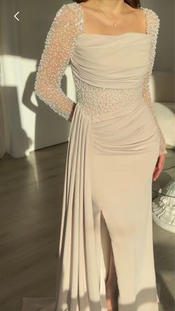 Elegant Champagne Pearl Beaded Evening Dress