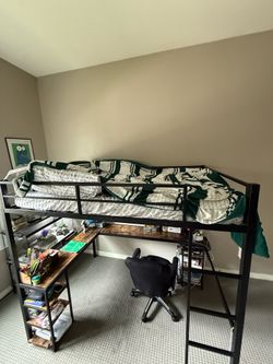 Full size Metal Loft Bed with L shaped Desk  & Storage shelves