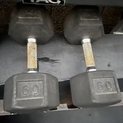 60lb Hex Rubber Dumbbell Set Weights 
