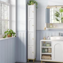White 4-Tier Narrow Tall Storage Cabinet, Slim Bathroom Storage Cabinet with 4 Adjustable Feet and Shelves,