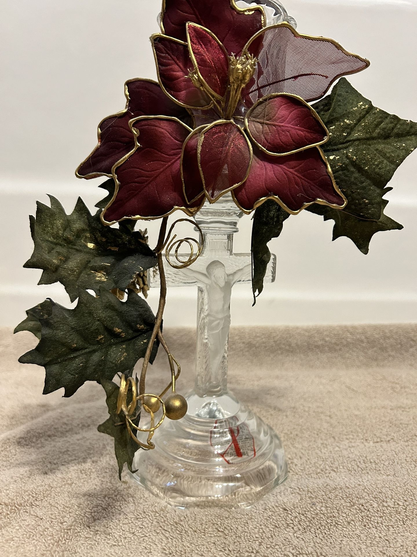 Glass Crucifix Pillar Candle Holder With Silk Christmas Poinsettia Flower