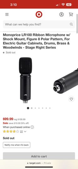 Monoprice LR100 Ribbon Microphone W Shock Mount For Electric Guitar Cabinets, Drums, Brass, And Woodwinds