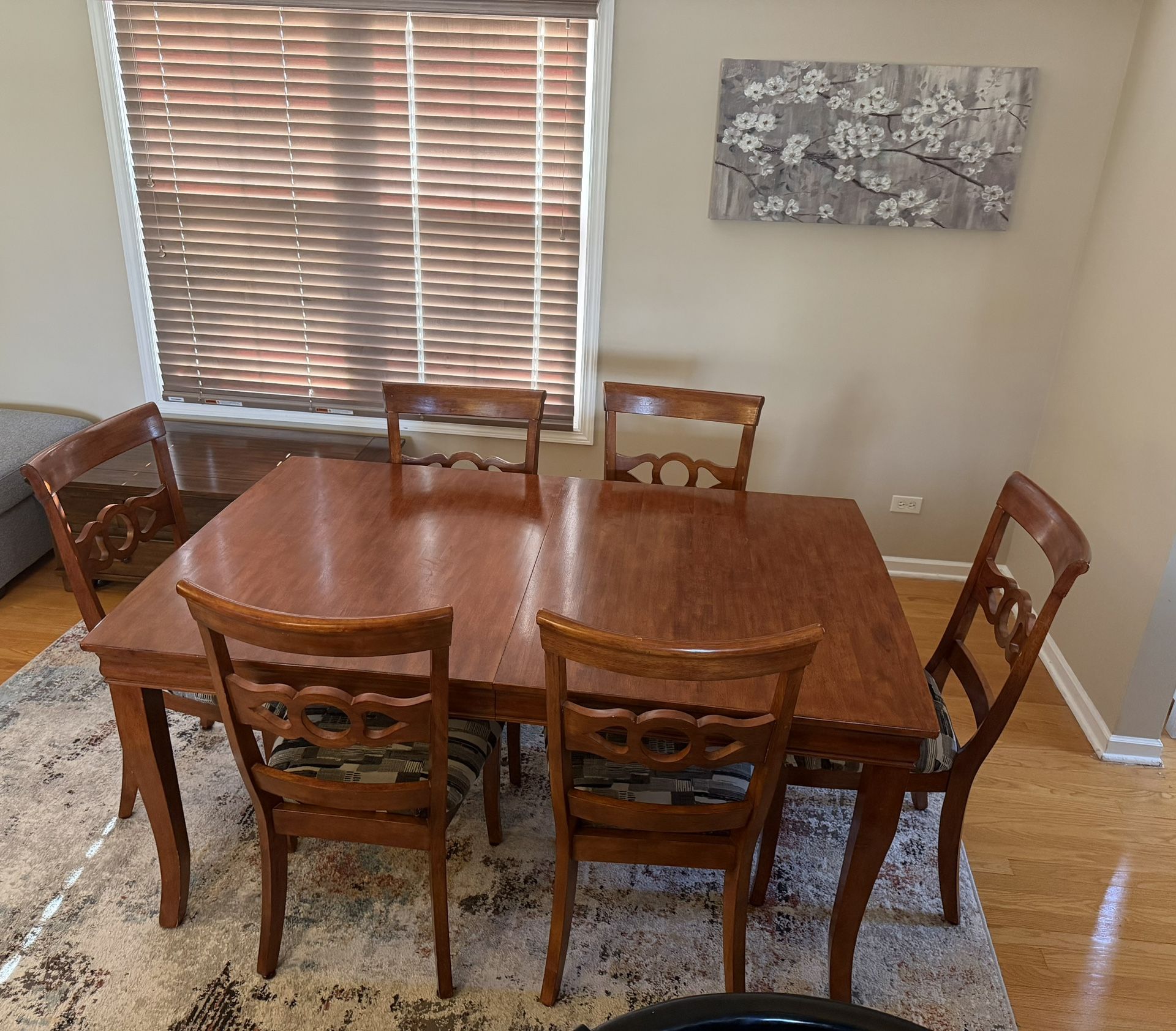 Wood Dining Table w/ Leaf + 6 Chairs (Reupholstered Set)