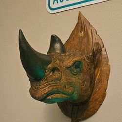 Wooden Rhino With Black Leather Hornes