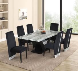 Elegant dining set features White & black marble look top w/Sleek V-Shaped base