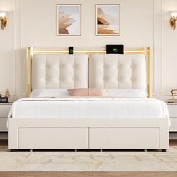 Full Size Velvet Upholstered Storage Bed With LED Lights & Charging Station