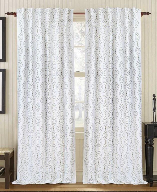 (Pair) 100% Linen Embroidered Drapes, White(50"W X 96"L) 