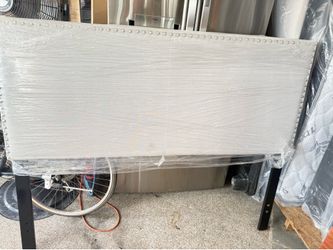 NEW” QUEEN LIGHT BROWN FABRIC HEADBOARD / SILVER BUTTONS