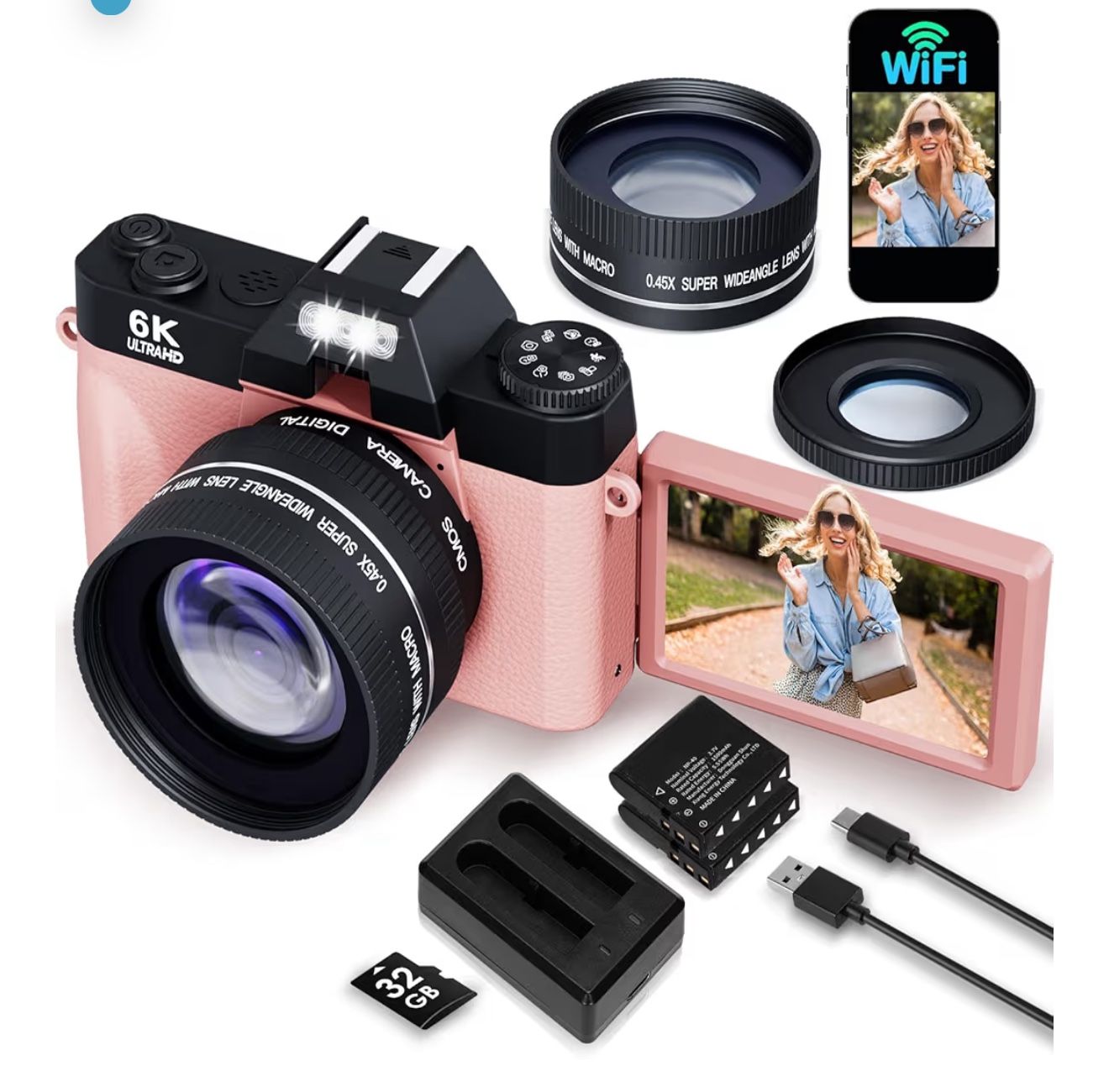 6K 64MP Digital Camera for Photography Vlogging Camera for YouTube, 180° Flip Screen, 16X Zoom Autofocus, Compact Travel Beauty Camera for Teens, 2 Ba