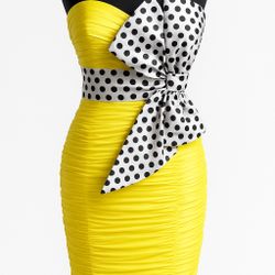 Elegant Yellow Strapless Cocktail Dress with Polka Dot Bow