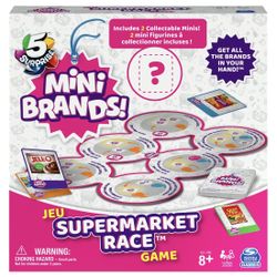 NEW 5 Surprise Mini Brands Supermarket Race Board Game by Spin Master, with 2 Collectible Movers 