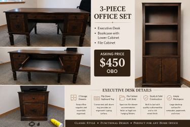 Ashley Furniture 3-Piece Executive Home Office Set – Desk, Bookcase & File Cabinet – $450 OBO