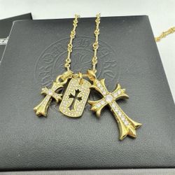 Gold Crystal Chrome Hearts Multi-cross Charm Necklace