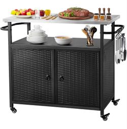 Outdoor Grill Cart with Storage, Outdoor Bar Cart with Wheels, Kitchen Island Cart with Stainless Steel Top for BBQ, Patio, Backyard