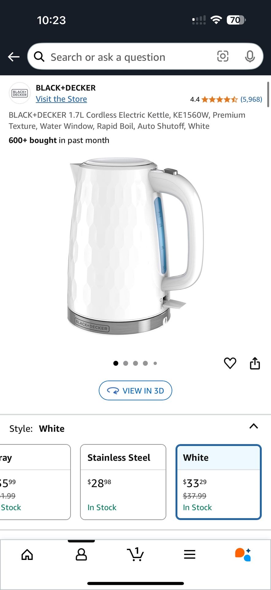 BLACK+DECKER 1.7L Cordless Electric Kettle, KE1560W, Premium Texture, Water Window, Rapid Boil, Auto Shutoff, White