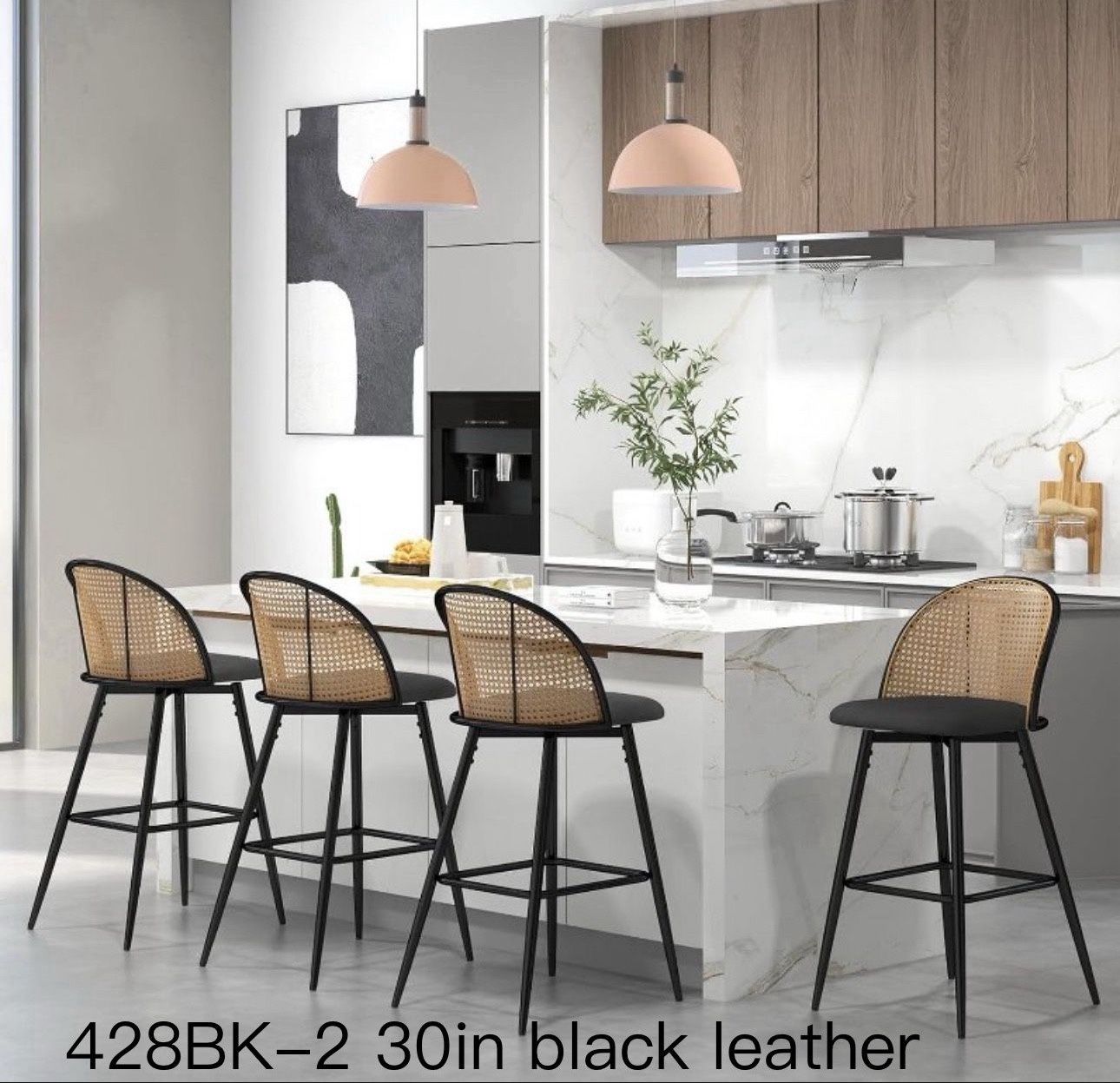 Bar Stools Set of 4 Rattan Swivel 29" Height Barstools for Kitchen Counter Island Mid Century Modern Boho Bar Stool Chairs with Metal Legs Woven Stool