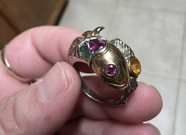 Sterling Silver & Gold Over Sterling Rubelite Garnet Citrine & Emerald Fish Ring Size 8