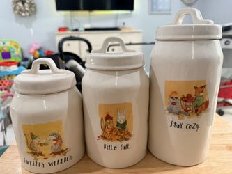 Rae Dunn Fall Critters canister set Sweater Weather, Hello Fall, and Stay Cozy