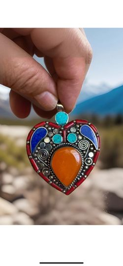 Exquisite & Handcrafted Navajo Design Heart Shape Pendant Inlay Stones Set In Silver 3”in & 43grams