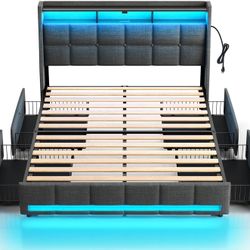 Rolanstar Full Size Bed Frame with LED Lights and Charging Station, Upholstered Bed Storage Headboard & Drawers, Heavy Duty Wood Slats, Easy Assembly