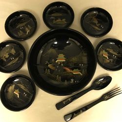 Vintage Japanese Embossed Aizu LacquerWare Serving & Salad Bowl Fork Spoon Set