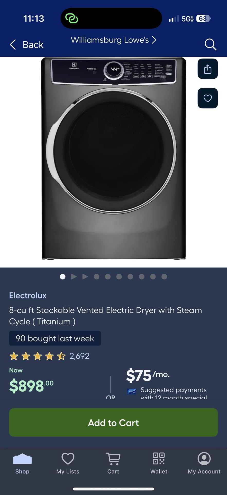 8 cu. ft. vented Front Load Stackable Electric Dryer in Titanium with LuxCare Dry and Perfect Steam