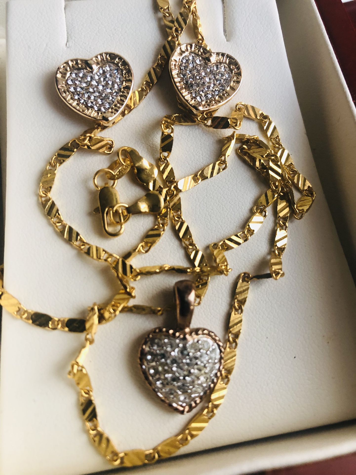Michael Kors Gold Pave Signature Earrings, Accompanied By Gold Pave Heart Necklace On  30” Gold Chain. In Box 