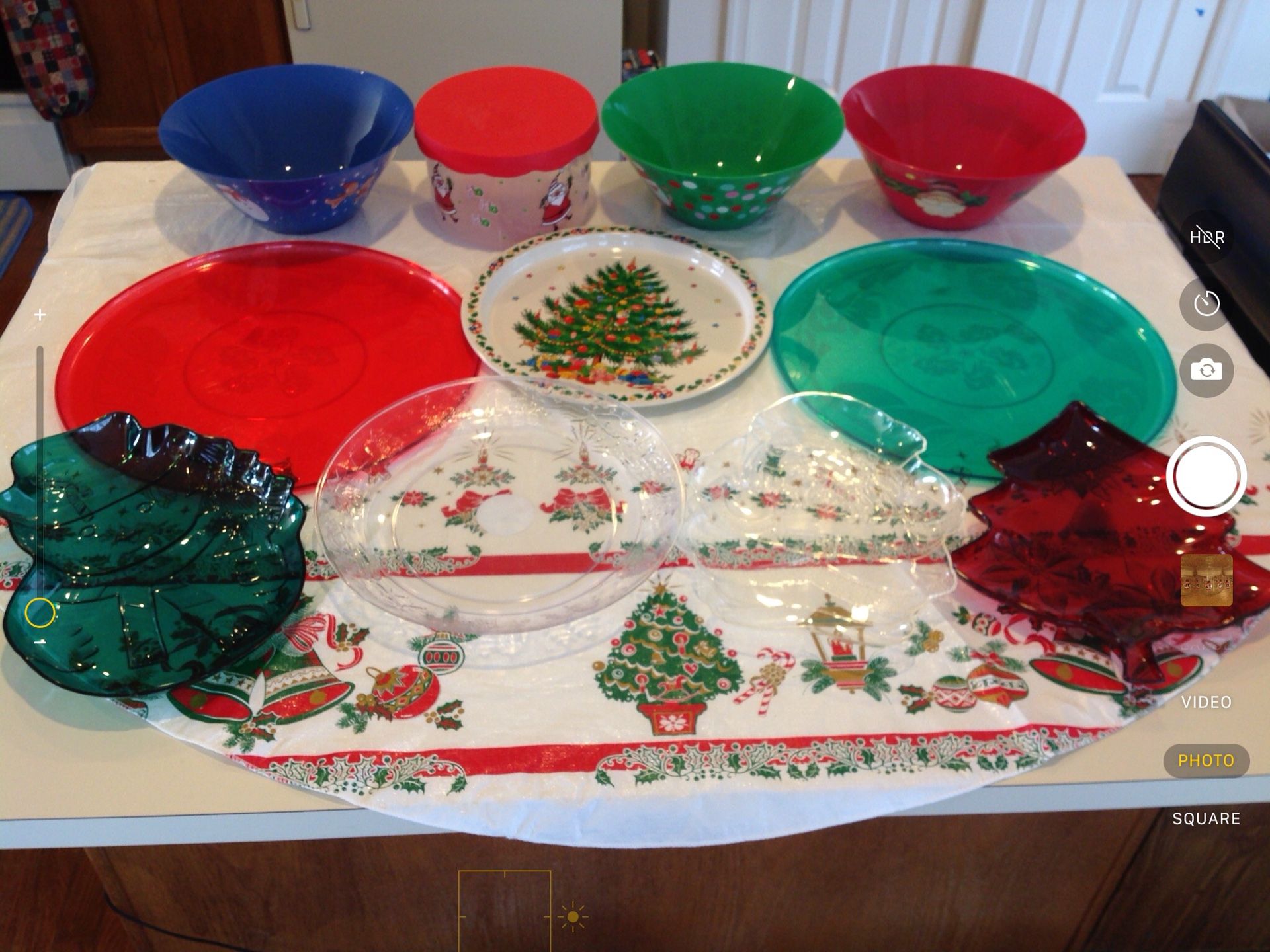 11 Christmas serving bowls, trays (1 is metal), platters, storage container. All 11 pieces, bundled , for $7